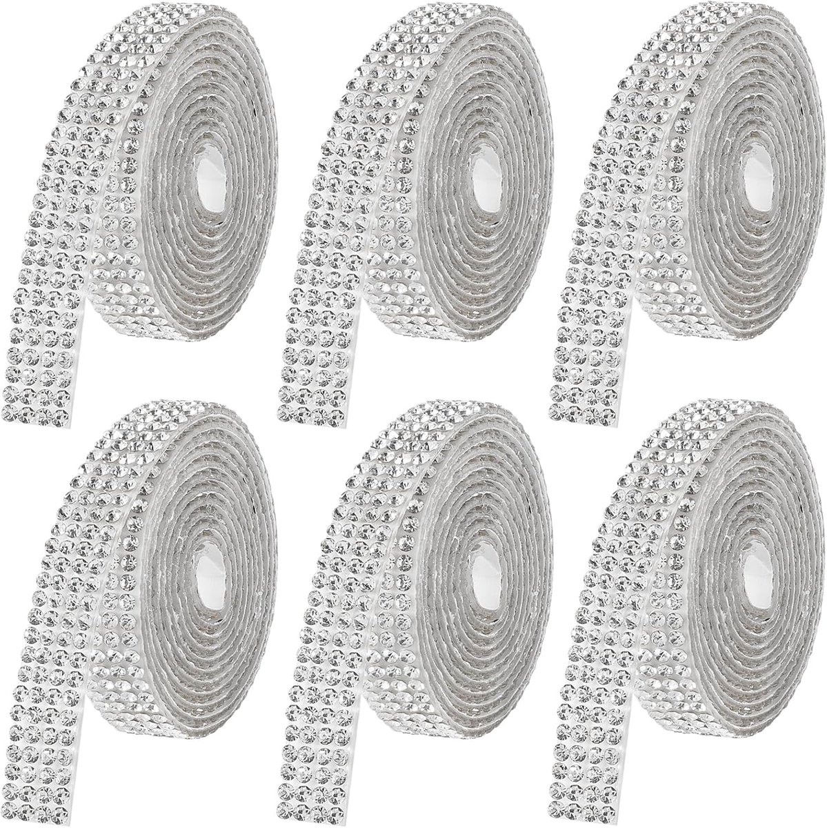 Cinta de diamantes de imitación con cristales autoadhesivos - tiras decorativas de 6 metros de largo - 6 rollos de cinta de diamantes de imitación para proyectos de manualidades, cinta de diamantes de imitación autoadhesiva, color cristal transparente