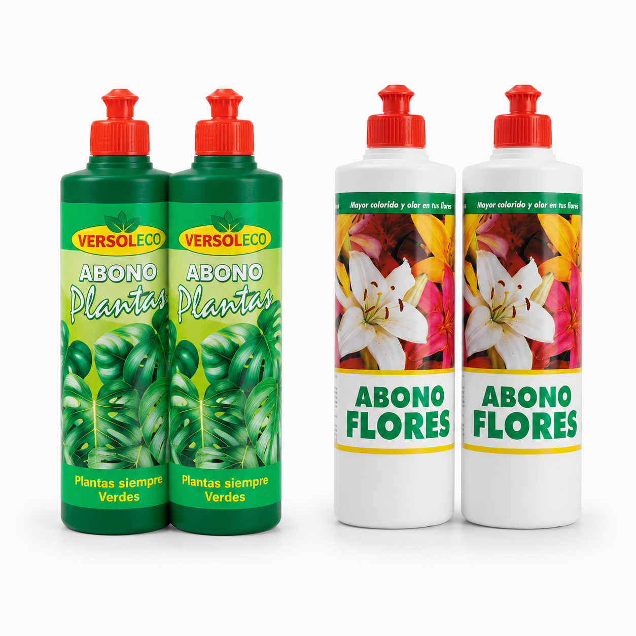 Versoleco - Abono Líquido Orgánico Versoleco para Hojas Verdes y Flores, Fertilizante Ecológico 4 × 500 ml, Ideal para Uso Interior y Exterior, Sustrato Universal Complementario, Seguro y de Fácil Aplicación