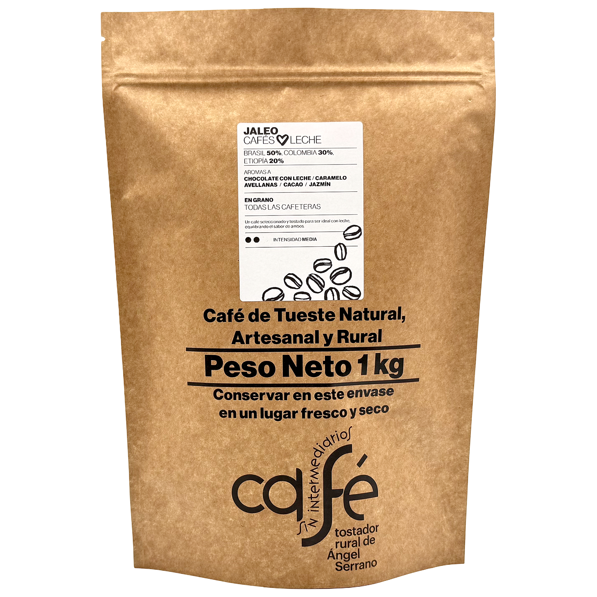 CAFÉ SIN INTERMEDIARIOS - Café de Brasil, Colombia y Etiopía - Jaleo - Ideal para combinar con leche - Intensidad de sabor Media - Recién tostado y envasado - 1 Kg Grano o Molido (Exprés, Filtro, Italiana, Americana, Superautomática)
