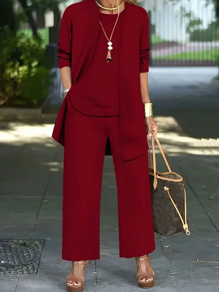 TK Conjunto De Moda Para Mujer Talla Grande 1XL-5XL Camiseta De Manga Larga Casual Con Cardigan Y Pantalones Largos
