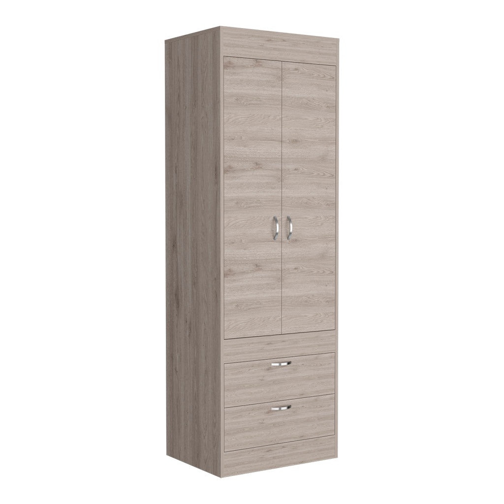 Armario Lisboa en melamina con 2 puertas , 1 estante , 1 barra para colgar ropa y 2 cajones con rieles metalicos , gris , 179 cm X 59.2 cm X 48 cm