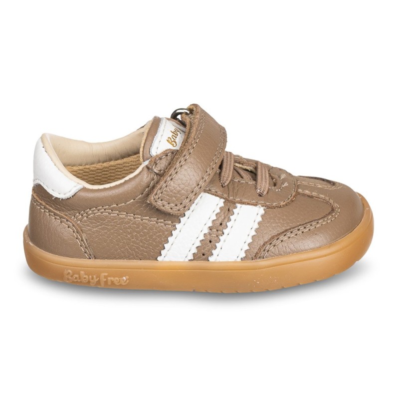Baby Free - Zapatillas barefoot infantiles de piel color taupe con suela flexible y puntera reforzada para primeros pasos