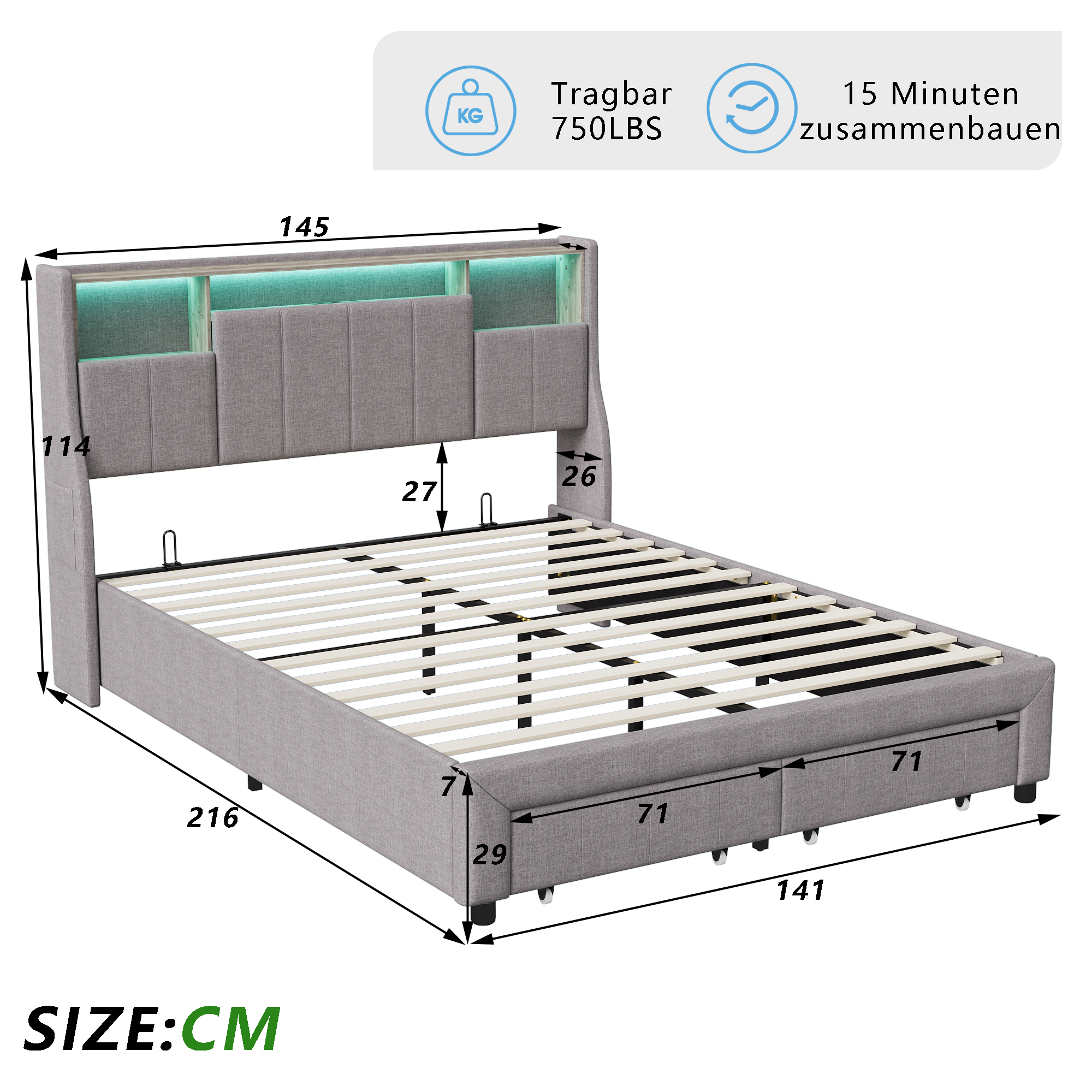 Superaly Grey Upholstered Bed 140 x 200 cm/160 x 200 cm, with LED Headboard and USB Charging Function, Storage Bed with 2 Drawers and Storage Space Backrest, Linen Cover