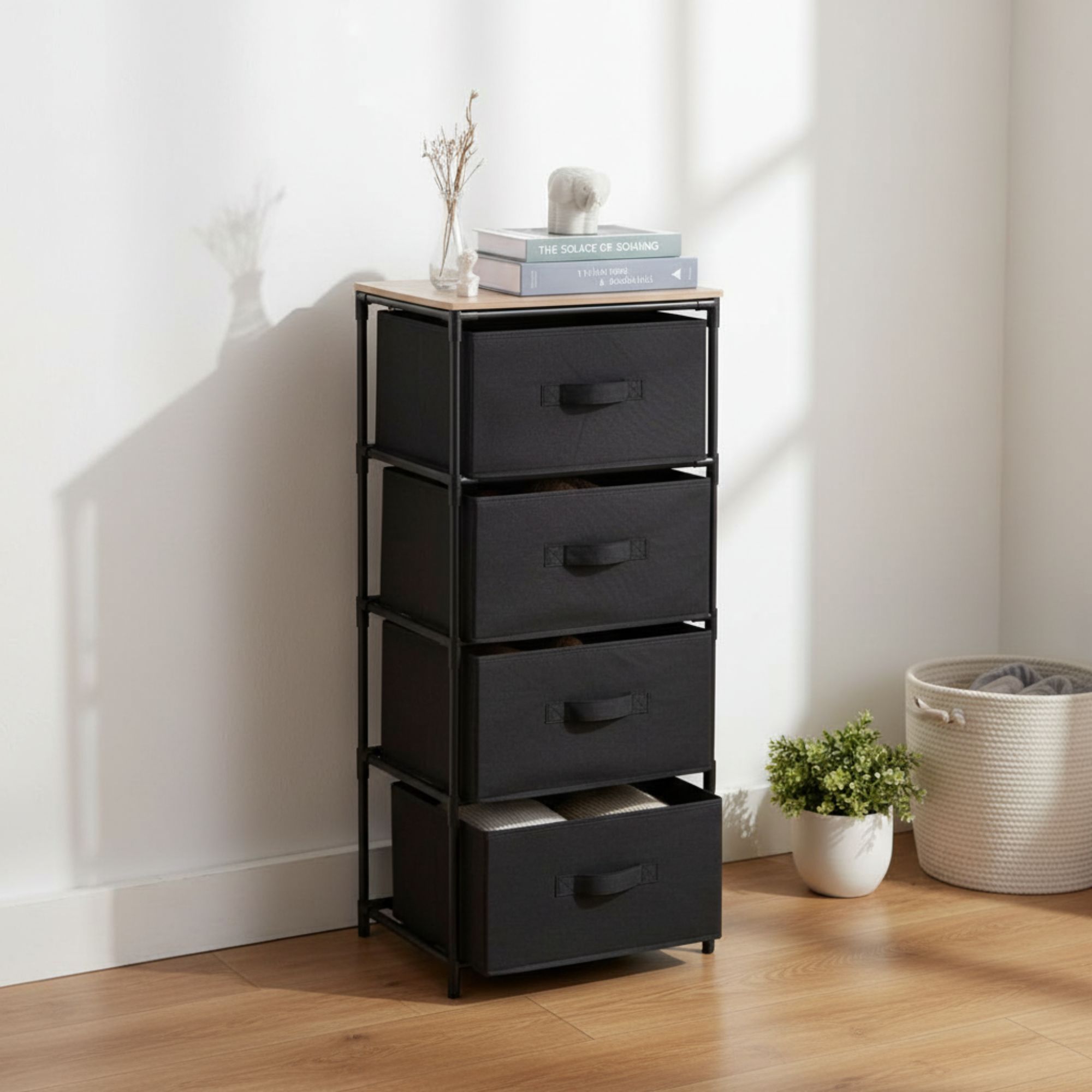 MOBLEKIT | Cajoneras Auxiliares con Estructura Metálica y Cajones de Tela, Muebles Organizadores de Madera para Ropa y Accesorios, Cómodas Compactas para Dormitorio o Hogar