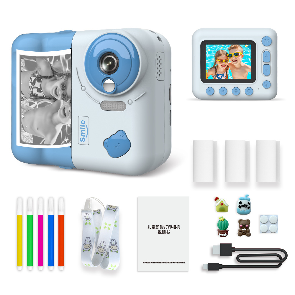 TK Cámara de impresión instantánea para niños 1080P Pantalla IPS de 2,4 pulgadas Zoom 10X with papel de impresión Térmica Bolígrafo de color Correa Para El Cuerpo Tarjeta TF de 32 GB Niños