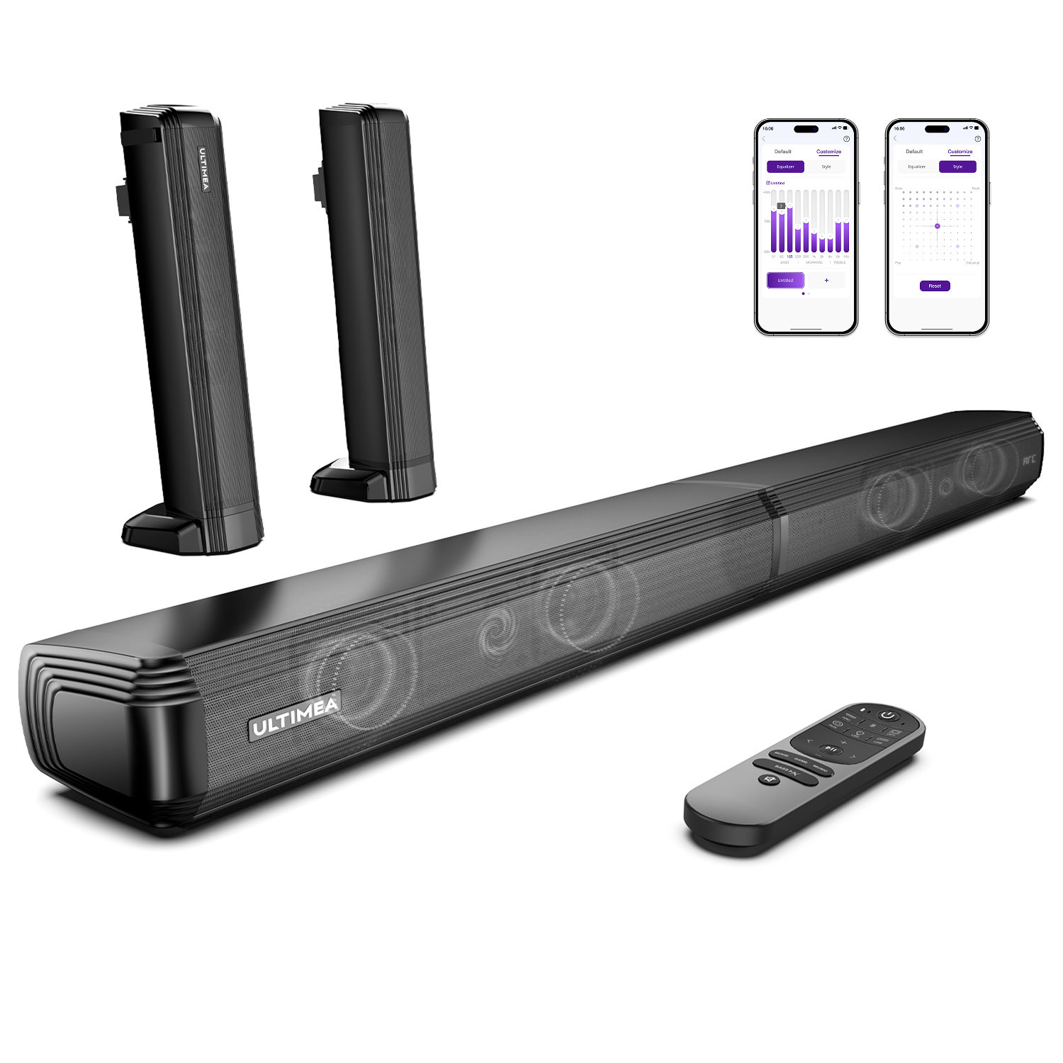 ULTIMEA Barra de sonido para TV de 100 W y 2,2 canales, Bluetooth 5.3, diseño desmontable 2 en 1, HDMI ARC, sonido envolvente, graves ajustables, 3 modos EQ, Serie Apollo S40