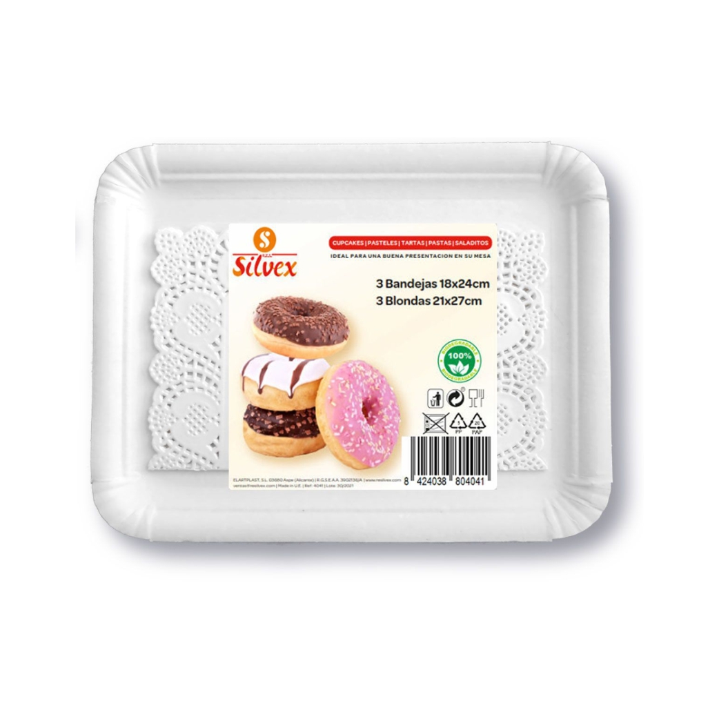 Bandejas de cartón para dulces (donuts, cupcakes...) | SILVEX - Pack de 3 bandejas 18x24 cm y 3 blondas 21x27 cm, cartón laminado, color blanco // Ref: 446334