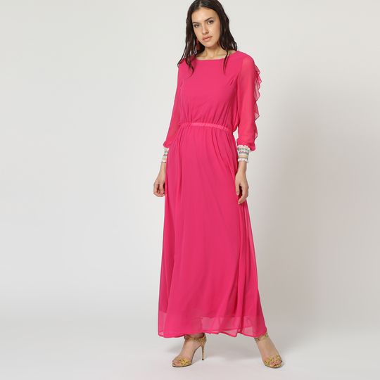 Vestido largo mujer dress outfit AN-070252 diseño liso fruncido cintura manga larga cuello redondo cierre cremallera invisible elegante cómodo versátil color rosa talla 38 ✅Entrega 24/48h