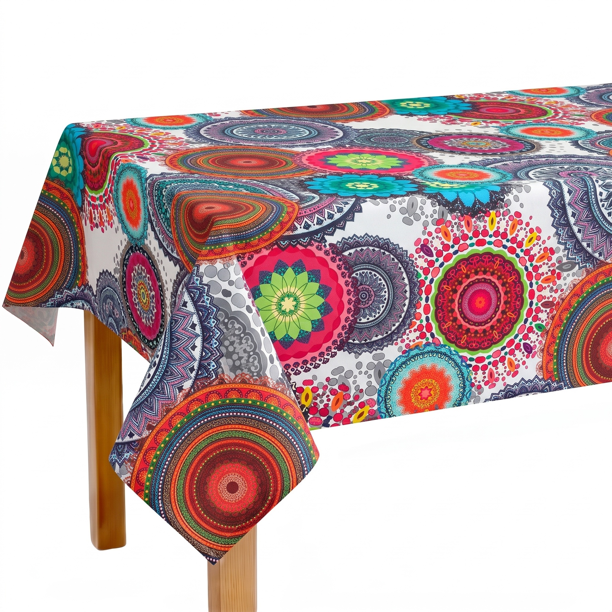 Mantel de tela resinada de algodón y poliéster con mandalas multicolor, rectangular para cocina y comedor