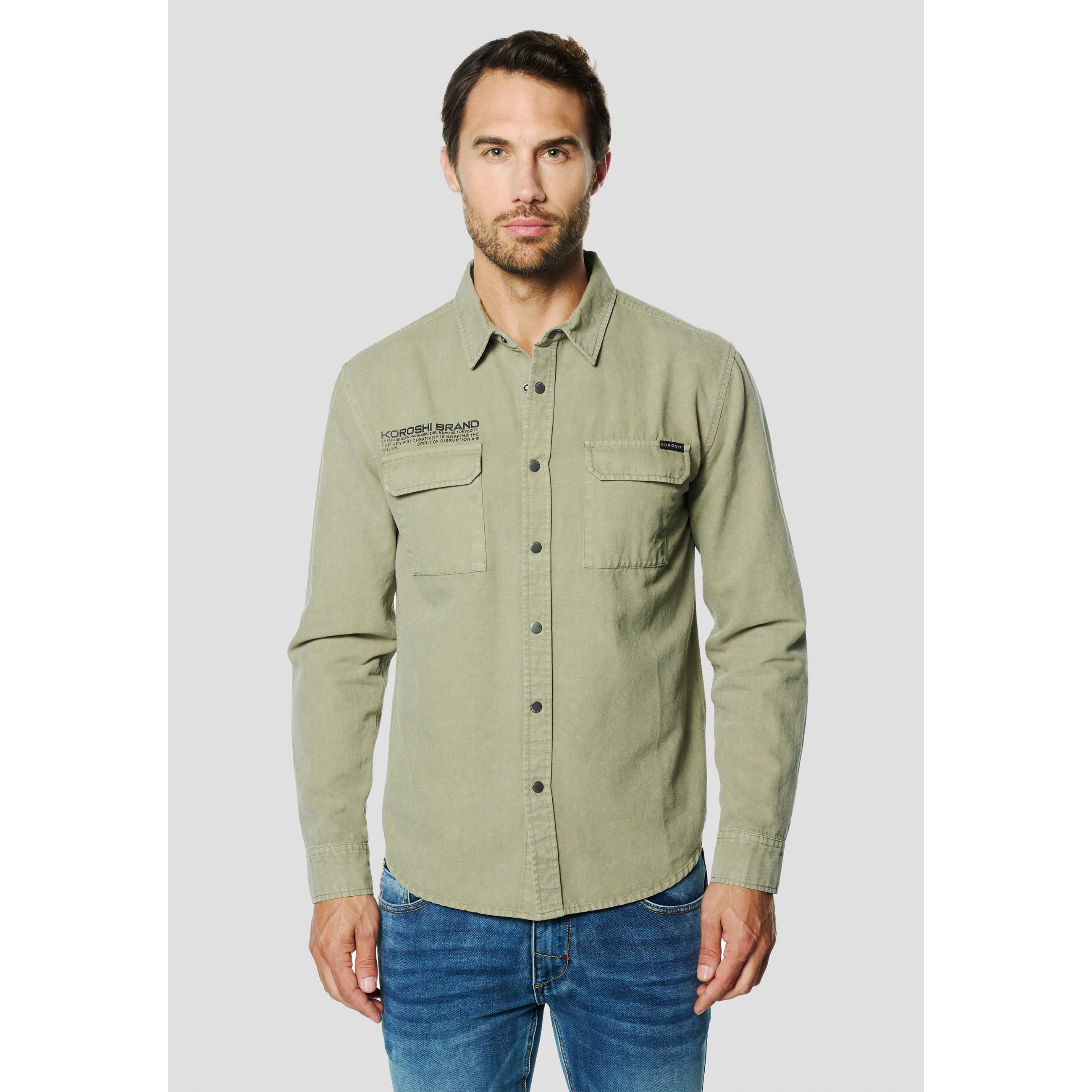 Koroshi - Sobrecamisa de hombre manga larga en algodón 100 % color kaki, versátil para entretiempo y look casual con bolsillos de pecho