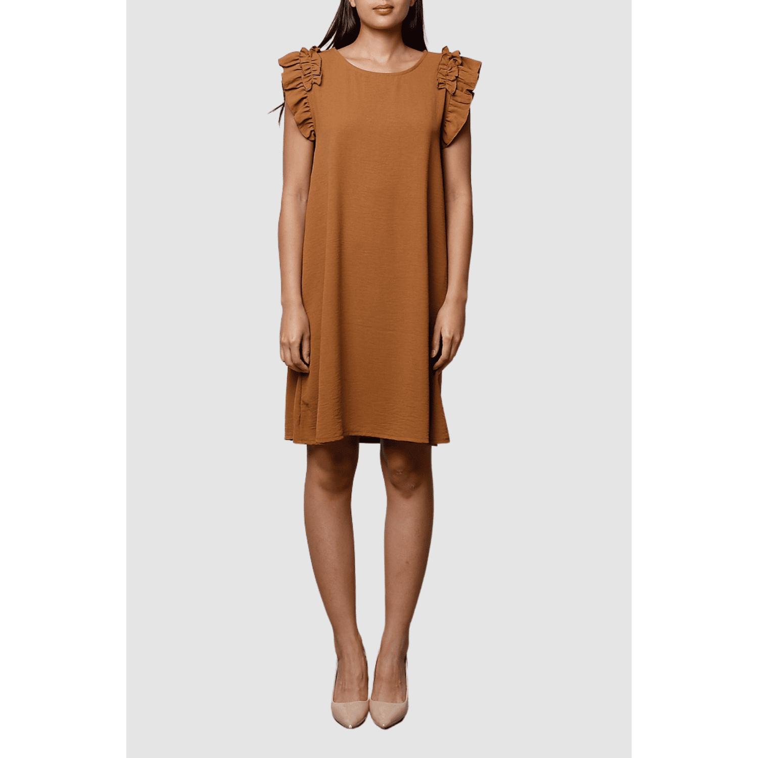 Vestido mujer dress outfit volantes hombros modelo P58871-1 corte recto estilo casual elegante color camel talla única material poliéster cómodo fresco versátil manga corta cuello redondo ✅Entrega 24/48h