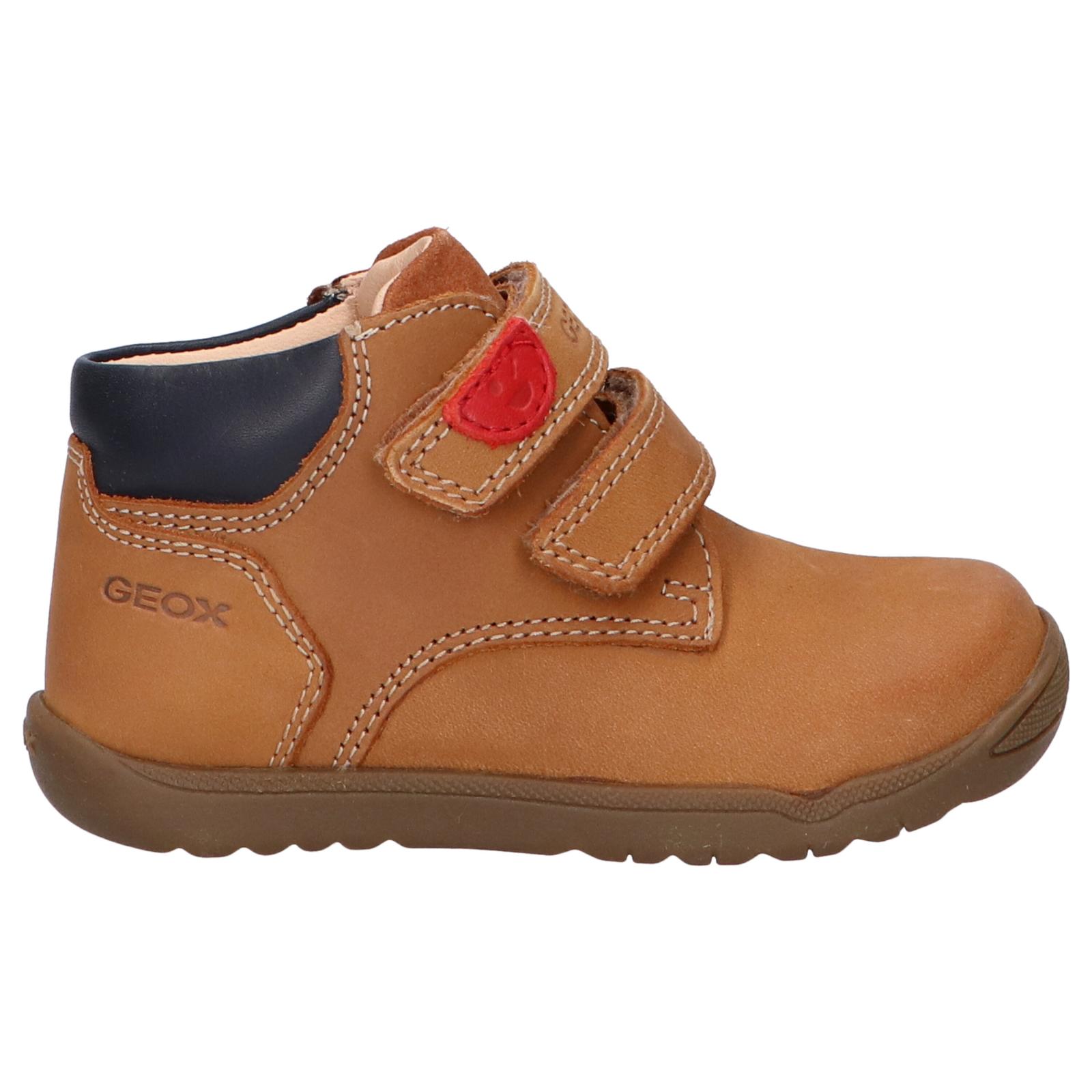 Geox children's sneakers in brown are perfect boy's sports shoes with a padded insole for comfort, anti-slip outsole for safety, flexible design, and velcro closure, ideal for active play and outdoor sports activities.