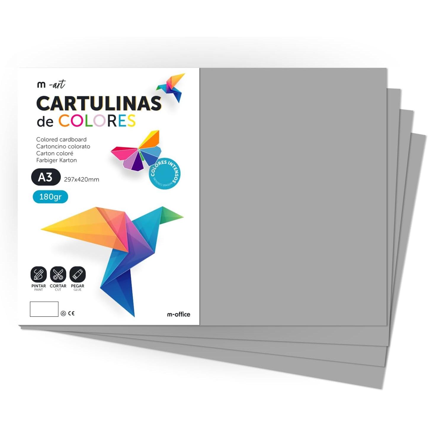 Cartulina de Colores, Cartulina A3 Colores Intensos, Hojas de Colores 180gr para Manualidades, Imprimir tus Documentos y Diseños Creativos, Folios de Colores A3 · m-office