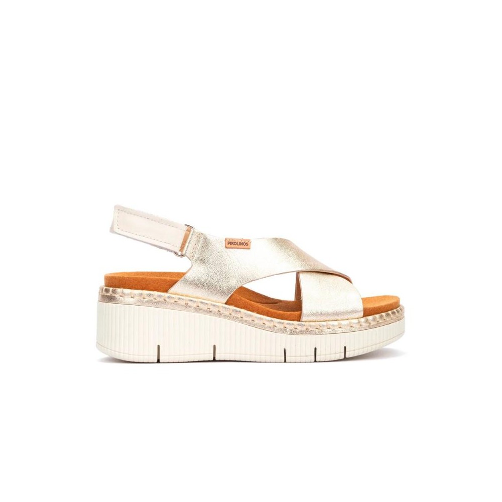 Pikolinos - Cuñas mujer W0k-0606 oro metalizado de cuero con plantilla acolchada y suela antideslizante para primavera y verano