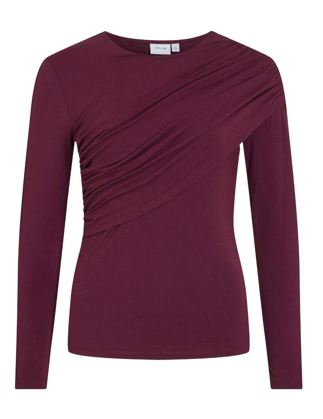 Camiseta Vila Sempa burdeos manga larga fruncida de mujer