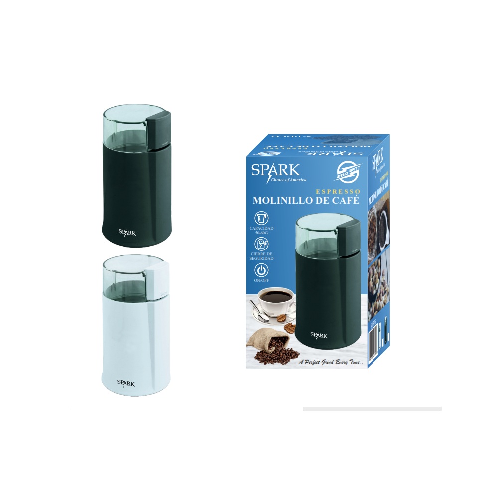 Spark -  Molinillo de Café. 200W, Hasta 60 Gramos de Capacidad, Botón de Encendido y Apagado, Con Cierre de Seguridad. Transforma Granos en Experiencias.