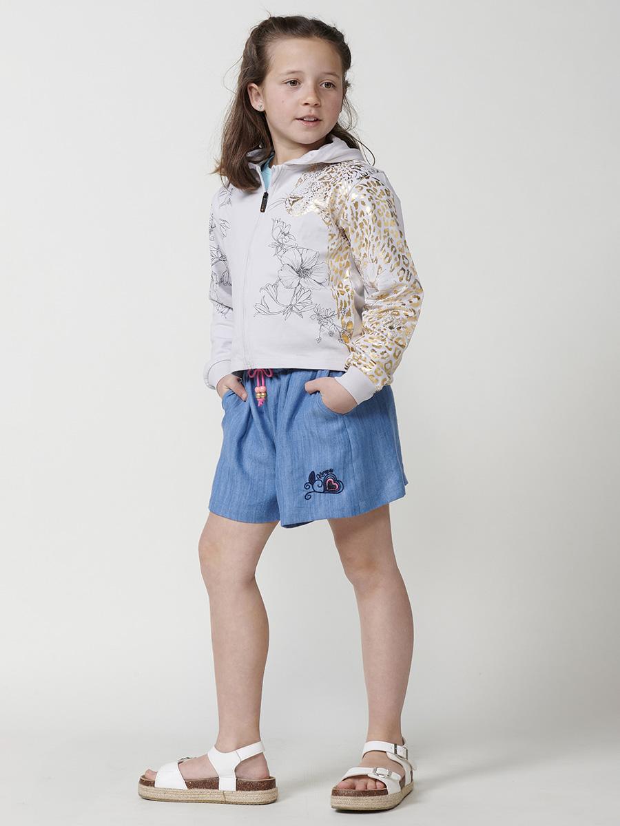 Koroshi - Sudadera con capucha para niña, felpa fina elástica 95% algodón y 5% elastano, diseño frontal de tigre dorado y flores en gris perla
