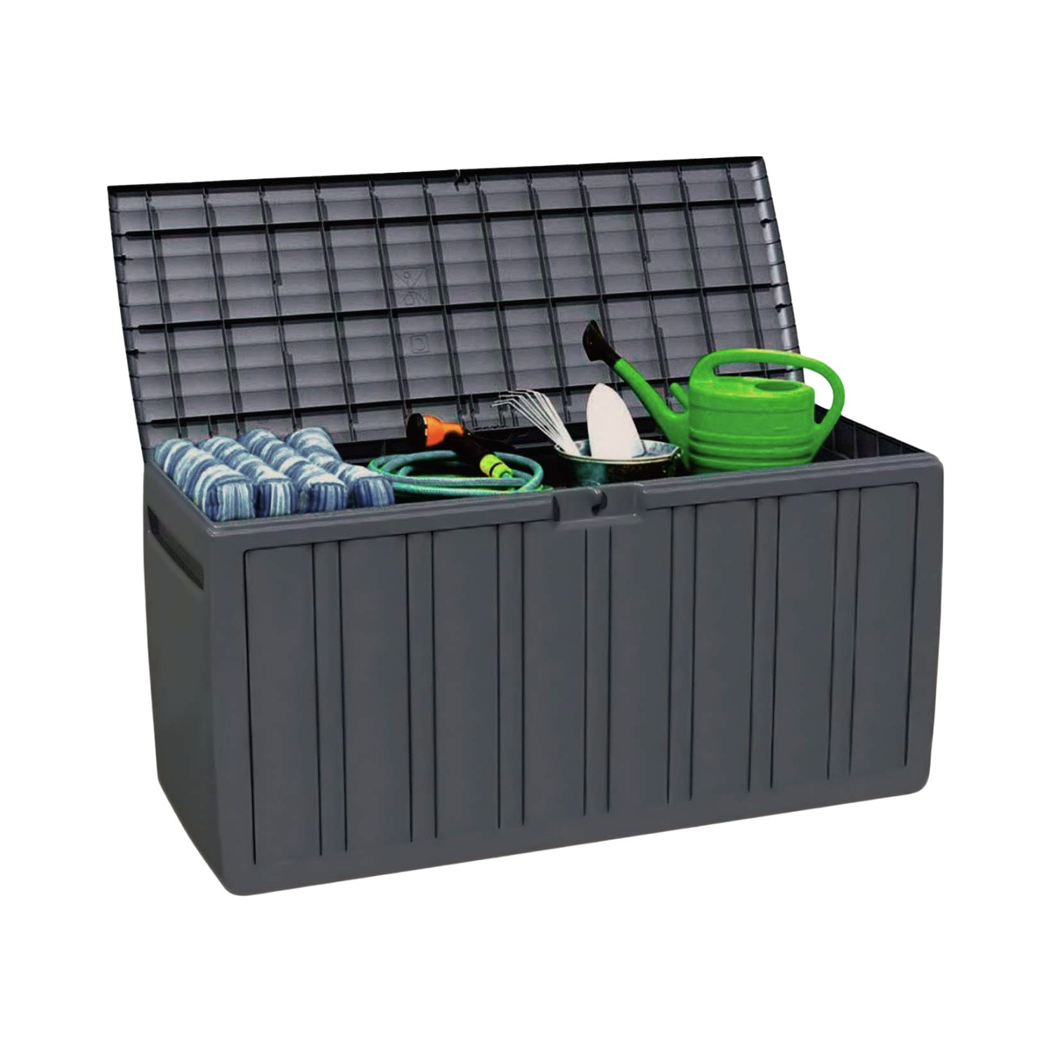 Baúl Exterior de Resina | Thinia home | Arcón Exterior para Jardín, Terraza o Balcón | Baúl Impermeable | Baúl para Objetos y Juguetes | 270 Litros | 117x45,5x57cm