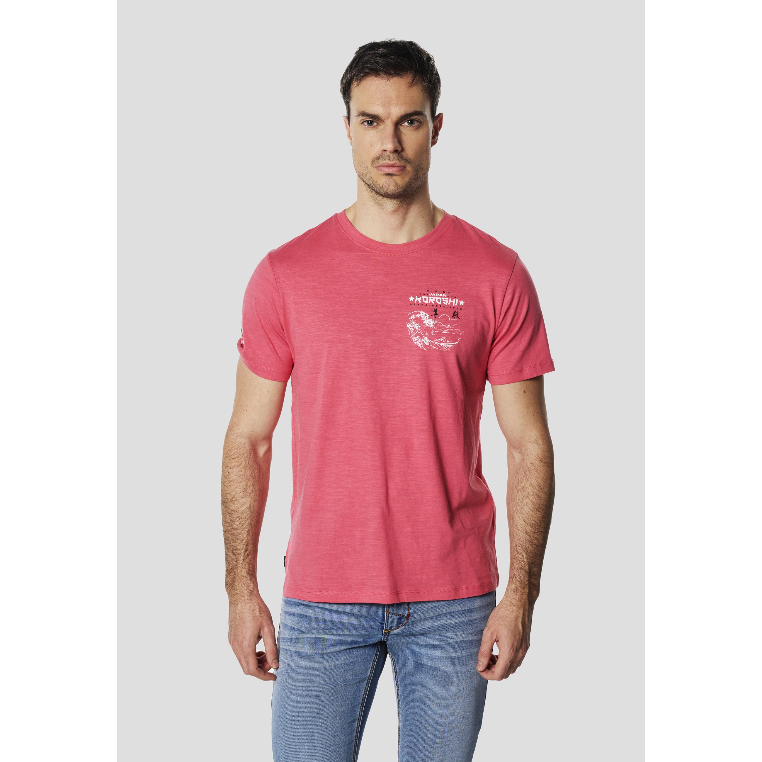Koroshi - Camiseta manga corta para hombre de algodón flameado 100 % con estampado Japan ukiyo-e rosa, cuello redondo y corte regular