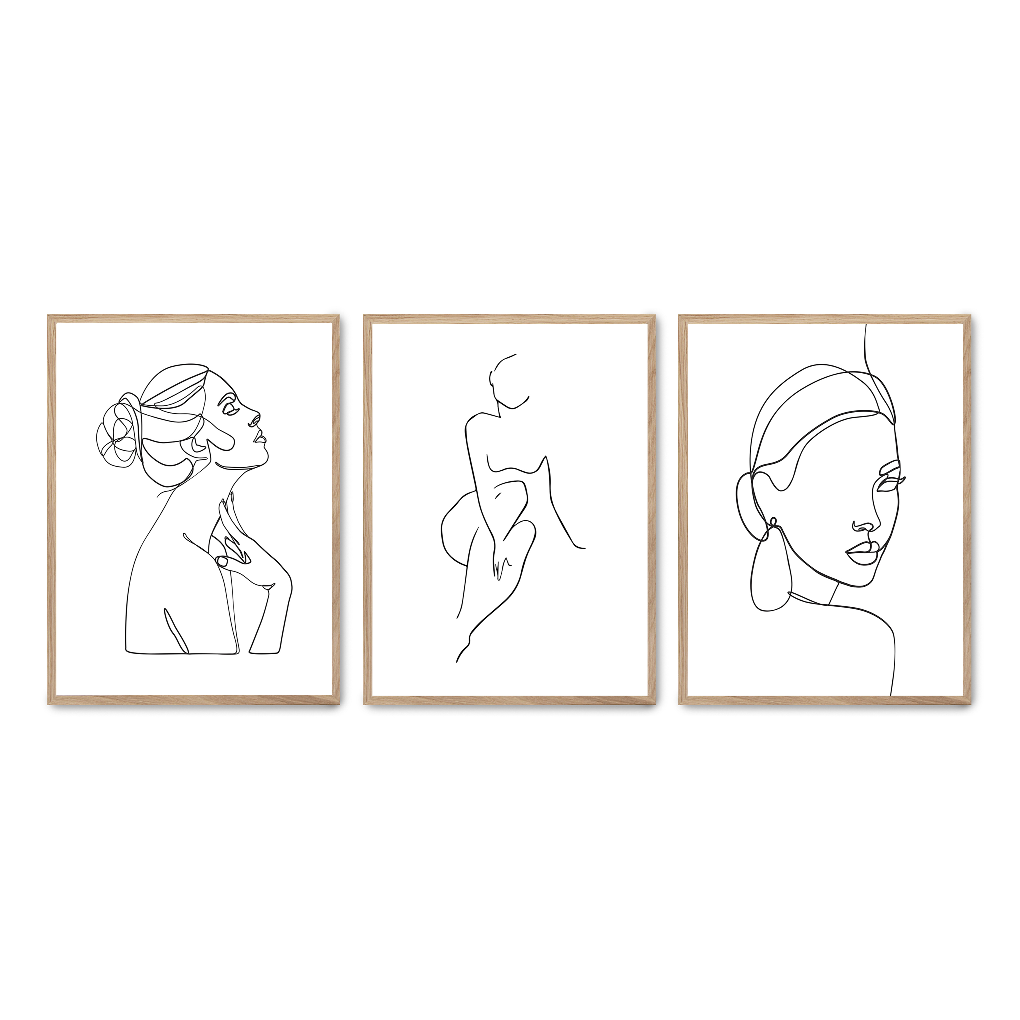 Set compuesto por tres cuadros con marco roble 30x40cm, Póster impreso en papel de calidad premium de 180gr, montado en marco de madera MDF con acabado en color roble, SETS