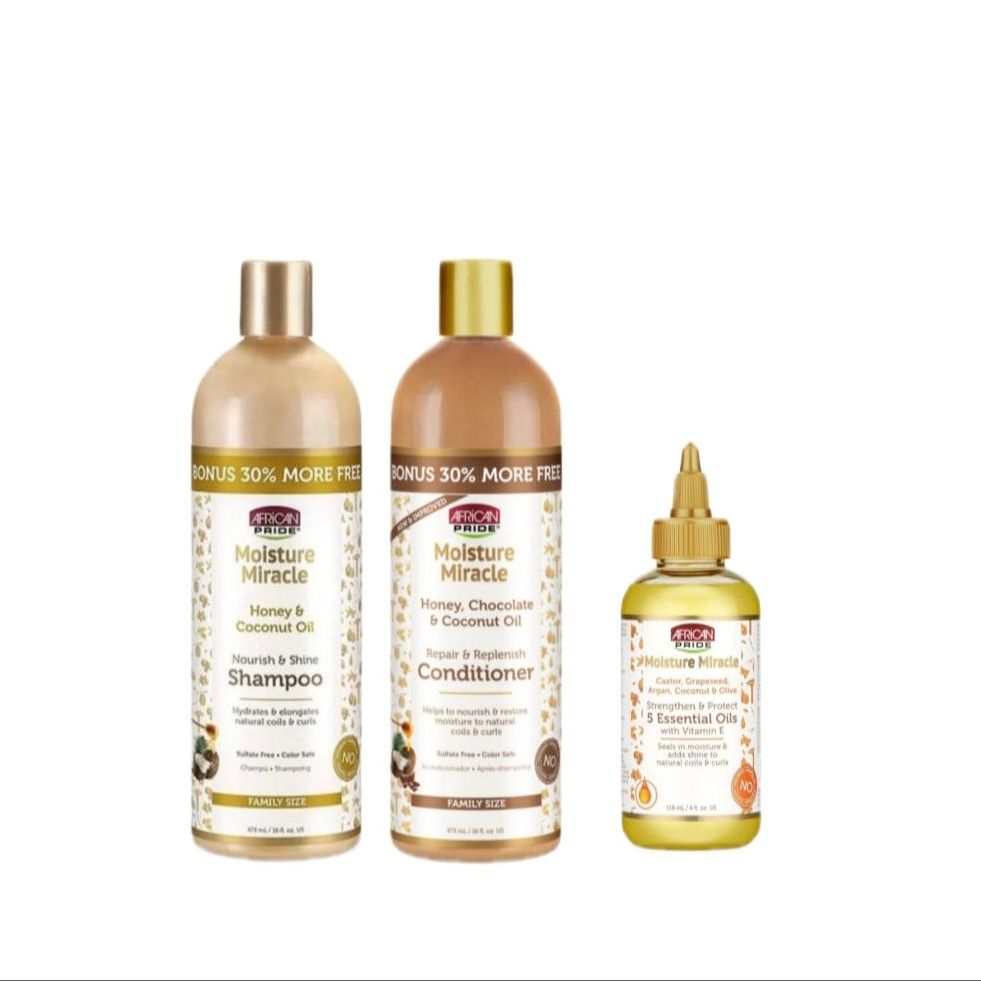 African Pride Moisture Miracle Pack 3, Shampoo Honey y Coconut Oil + Conditioner Honey Chocolate y Coconut Oil + 5 Essential Oils 118ml, Cuidado Cabello Afro Rizado Natural, Hidratación Nutrición y Protección