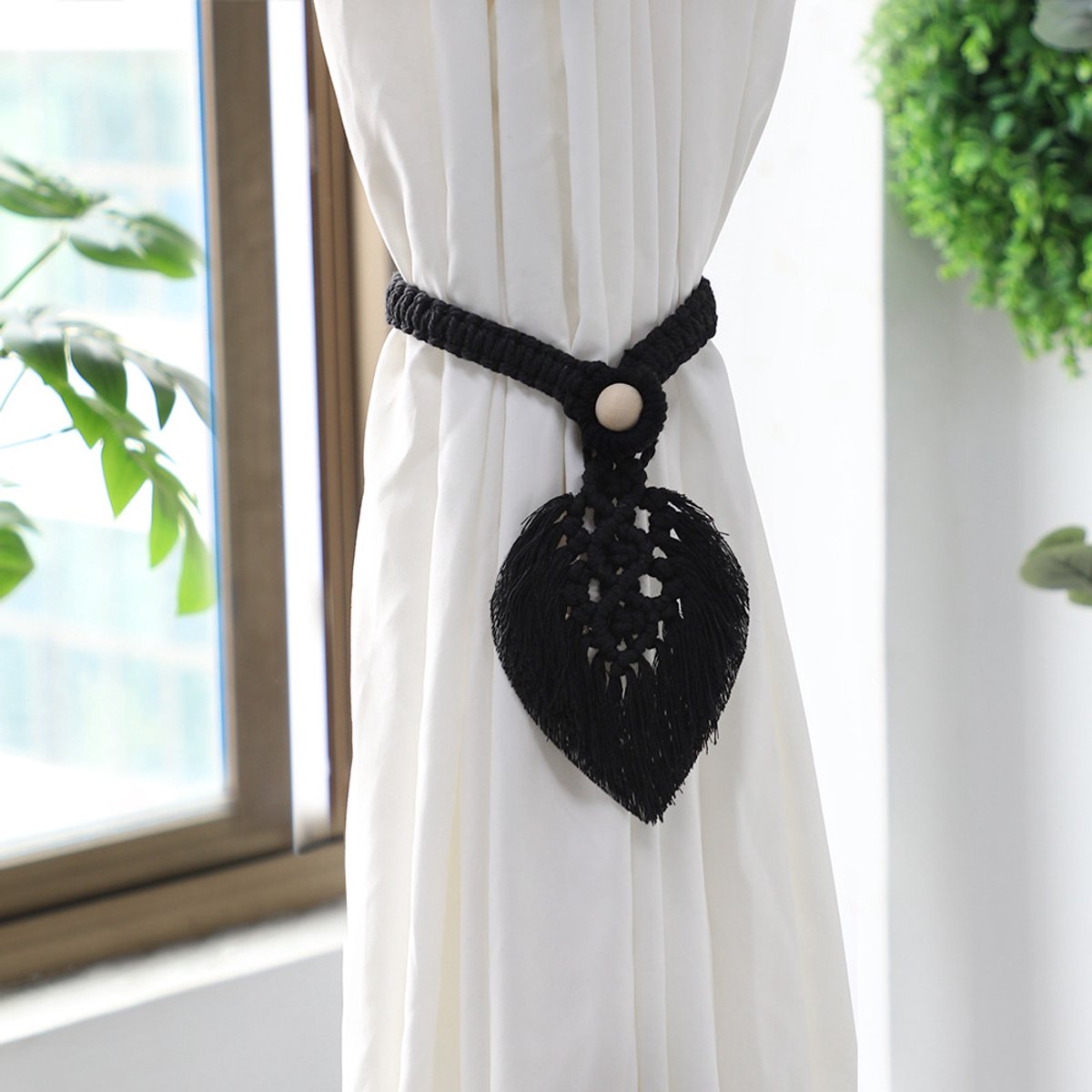 Set van 2 gordijn tiebacks Boheemse decoratieve gordijn tiebacks macrame katoenen gordijn tiebacks voor gordijnen decoratie,zwart