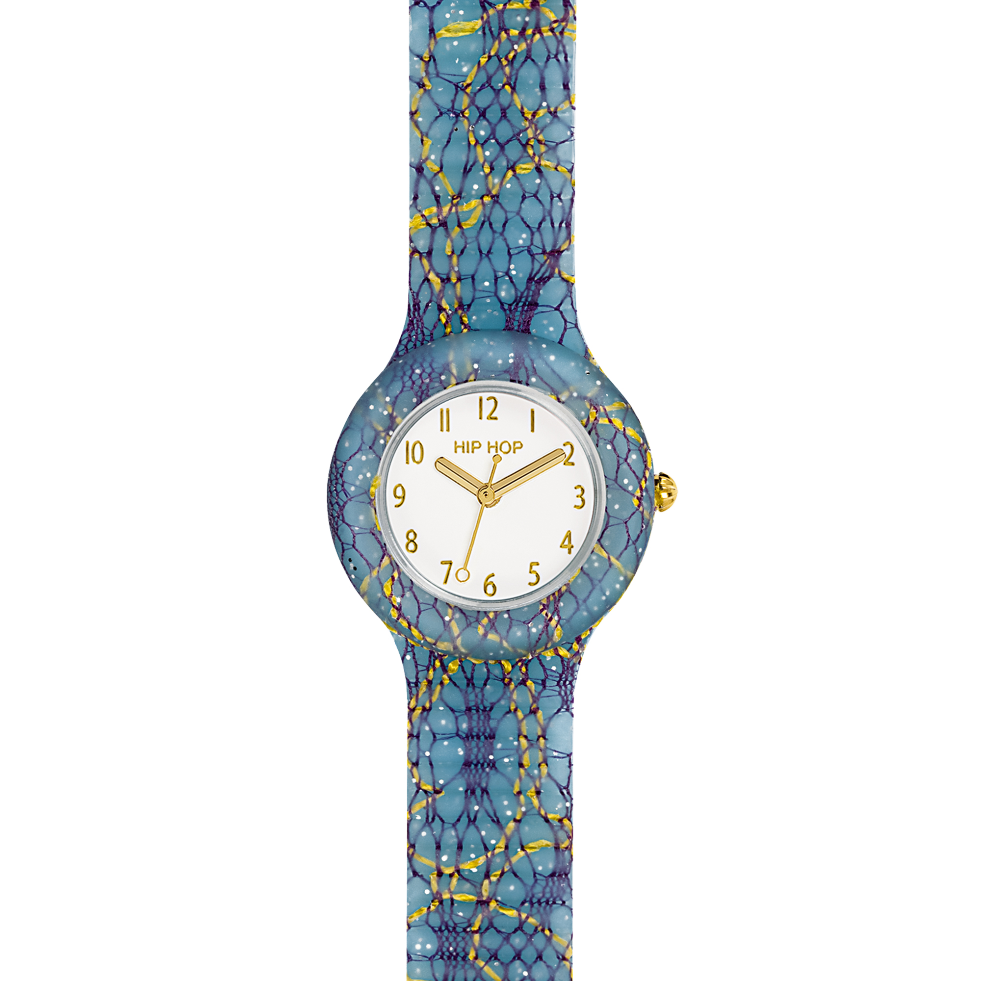RELOJ HIP HOP MUJER DE ENCAJE MONOCOLOR Esfera BLANCA Movimiento SÓLO TIEMPO - 3 AGUJAS DE CUARZO y CORREA DE SILICON TEJIDO AZUL HWU1223