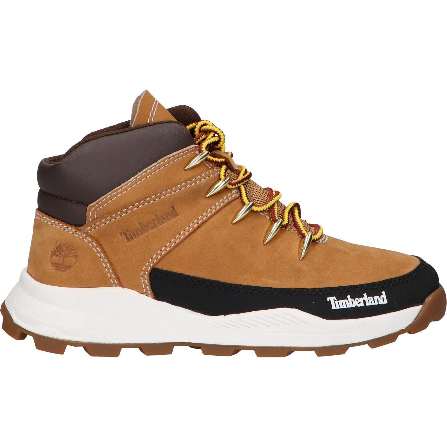 Timberland children's boots in beige, durable ankle boots made of canvas and leather with textile lining and rubber sole, ideal as boy water boots for autumn-winter season.