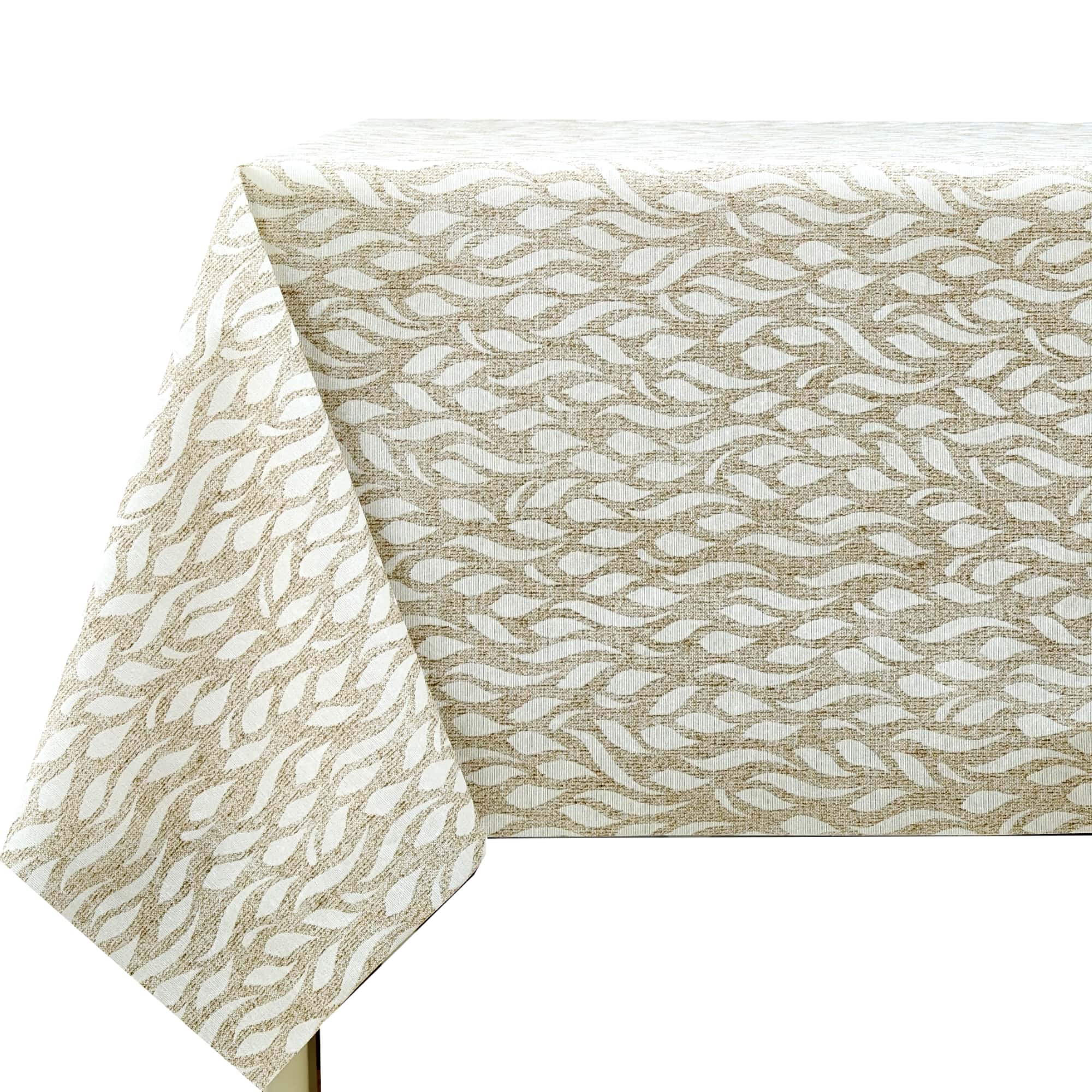 Mantel de Tela Resinada Antimanchas para Mesa Rectangular, Diseño de Hojas Onduladas Beige y Blanco, Fácil de Limpiar para Cocina y Comedor