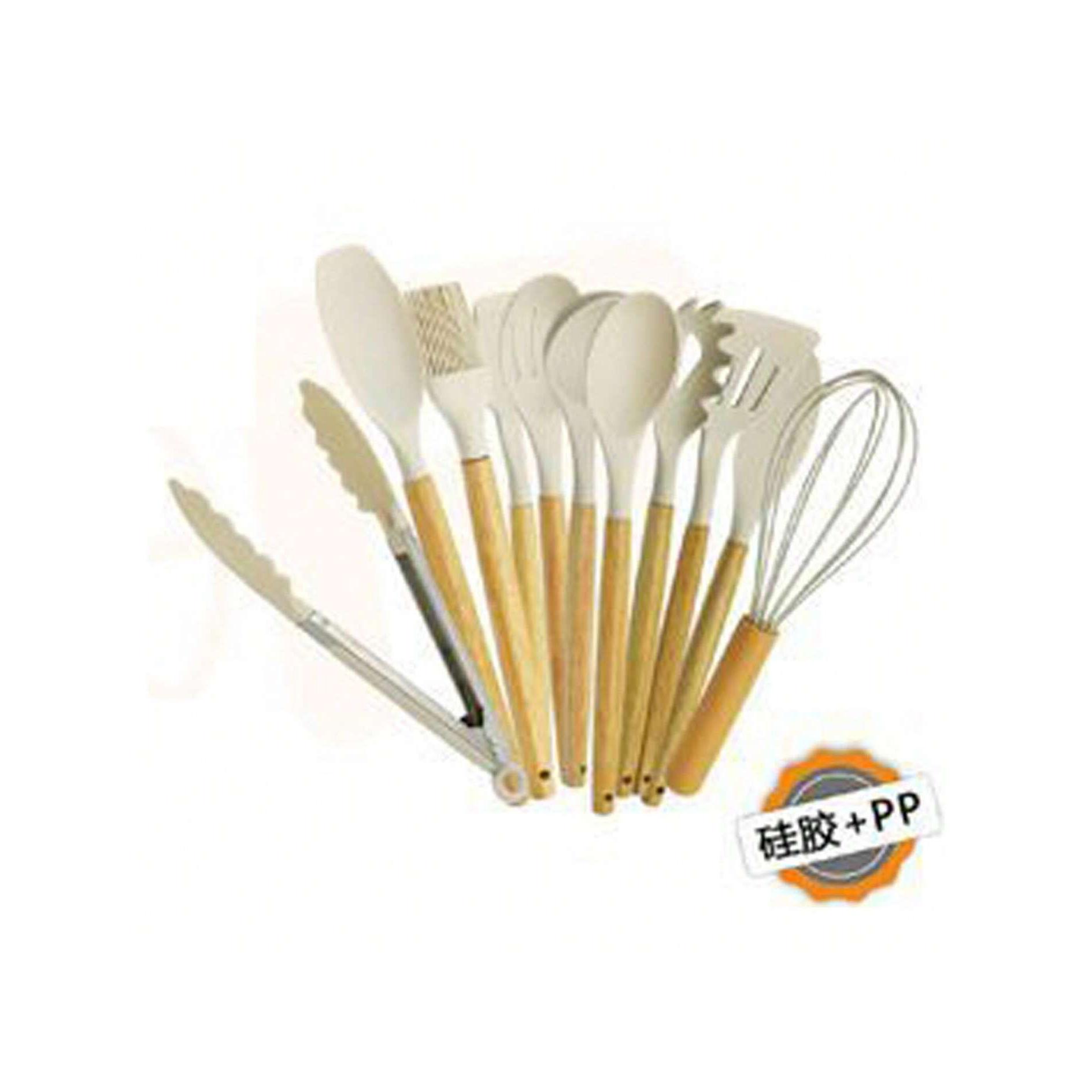 Set de Utensilios de Cocina de 12 Piezas | Herramientas de Silicona con Mango de Madera y Vaso Organizador | Resistente al Calor | Disponible en Rosa, Negro, Crema y Verde | Material Silicona + PP Grado Alimenticio