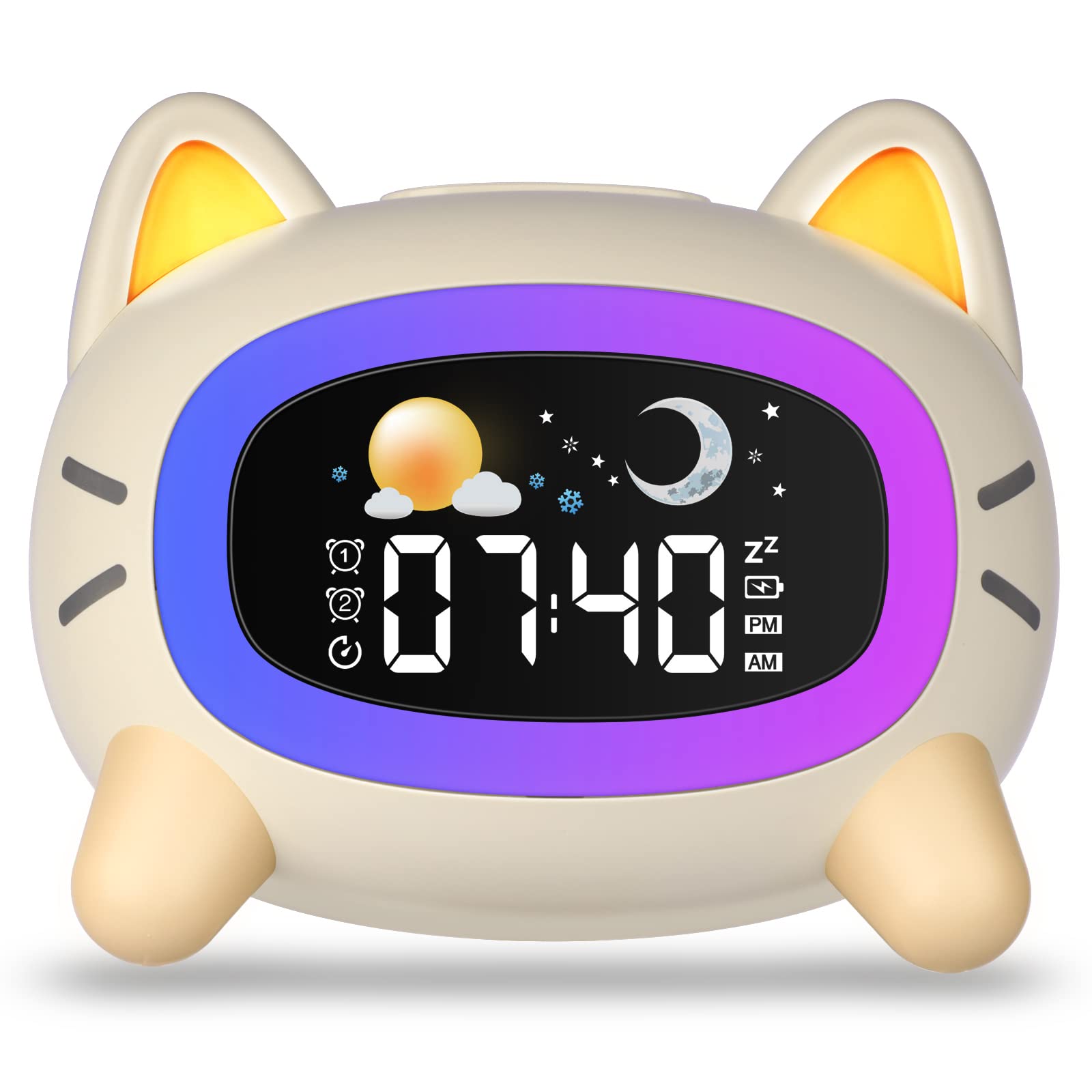 Om Home OK to Wake - Reloj despertador para niños con 4 niveles de brillo y sonido, 5 luces nocturnas, recargable, para entrenar el sueño y dormir con función de repetición para dormitorios de niños y niñas