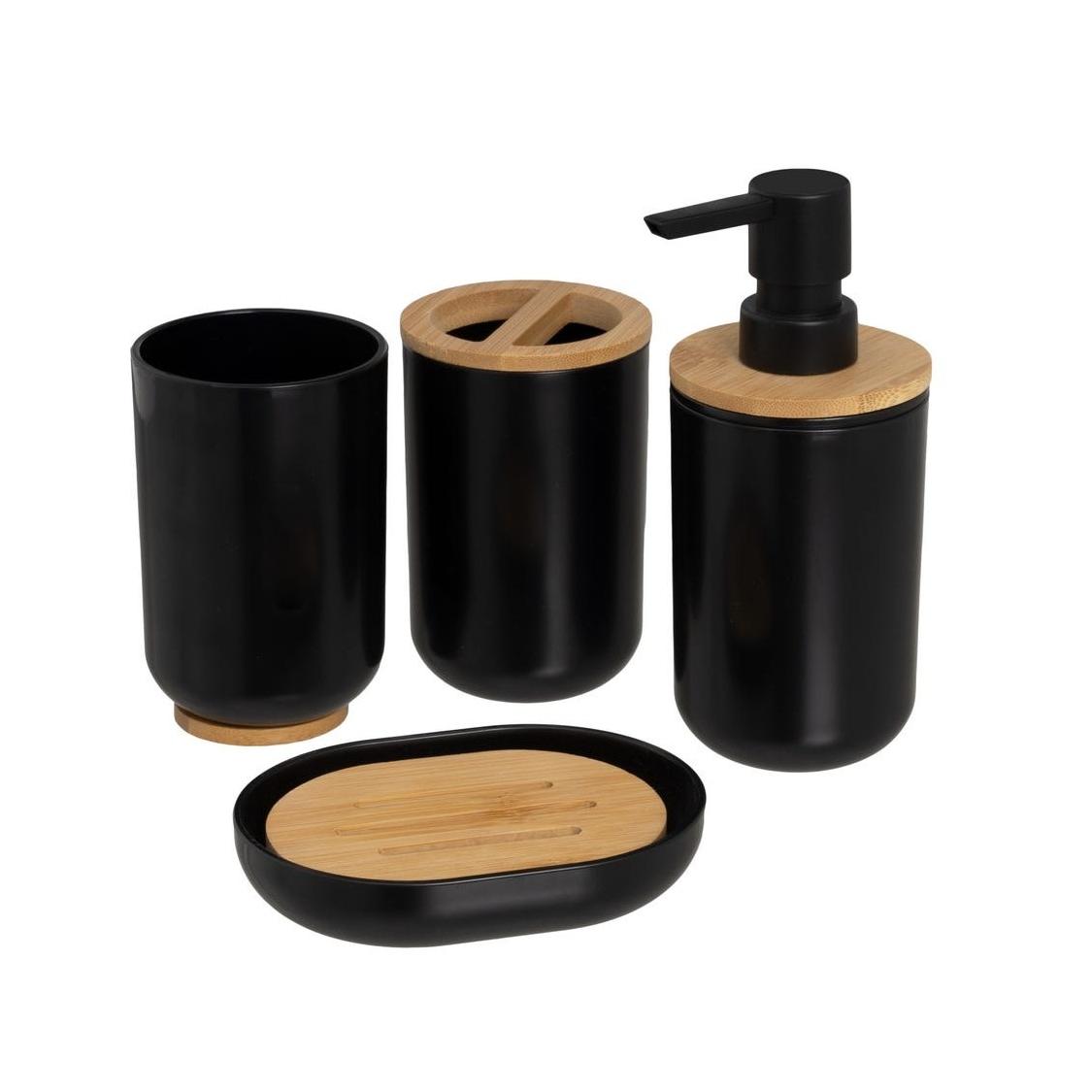 TK Set de 4 accesorios de baño de dispensador y portacepillos de pvc y bambú marrón factory