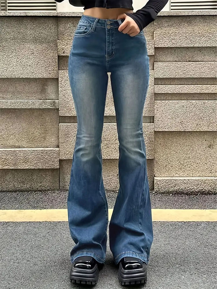 TK Jeans Flared Estirados Para Mujer Moda Skinny Bell Bottom Cintura Alta Pantalones Gris Denim Clásicos Y2K Punk Longos