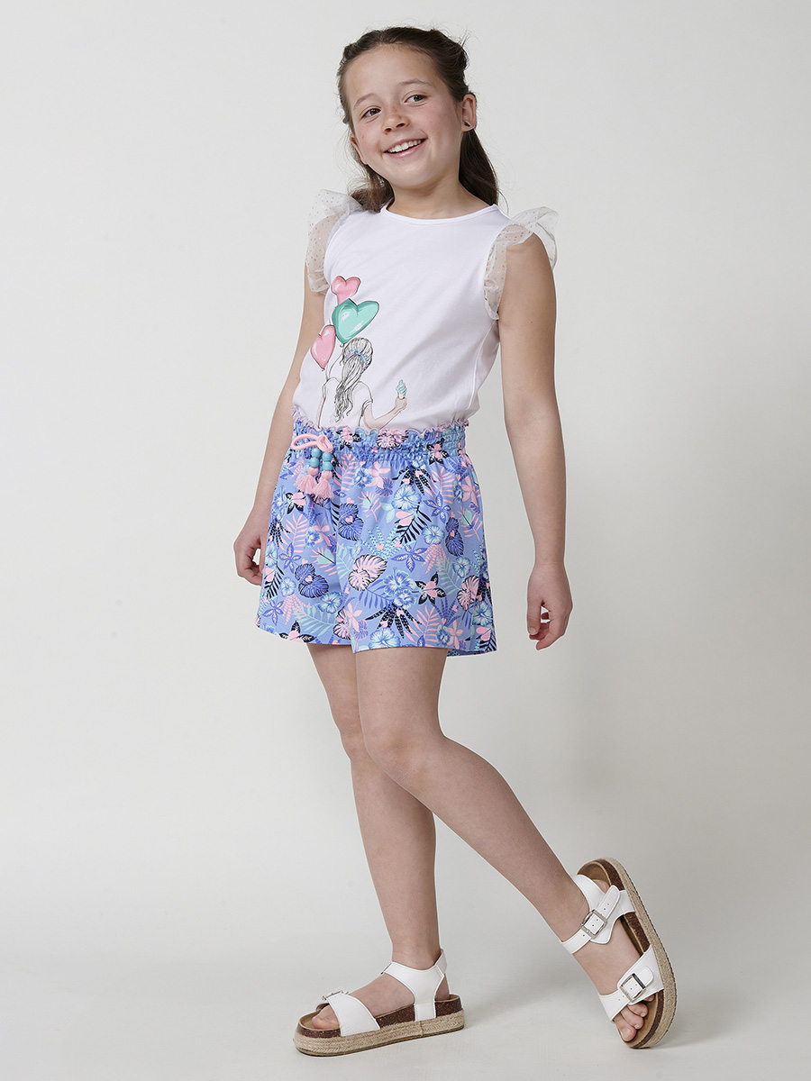 Koroshi - Short niña efecto falda con cintura paperbag de punto elástico de algodón 95% + elastano 5%, azul, para verano y colegio