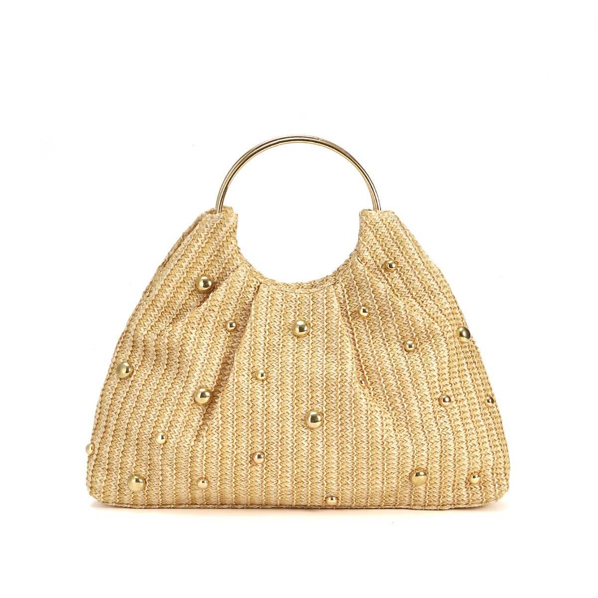 Bolso de mano tejido elegante de paja para mujer, bolso de noche redondo para fiesta con remaches decoración de cuentas