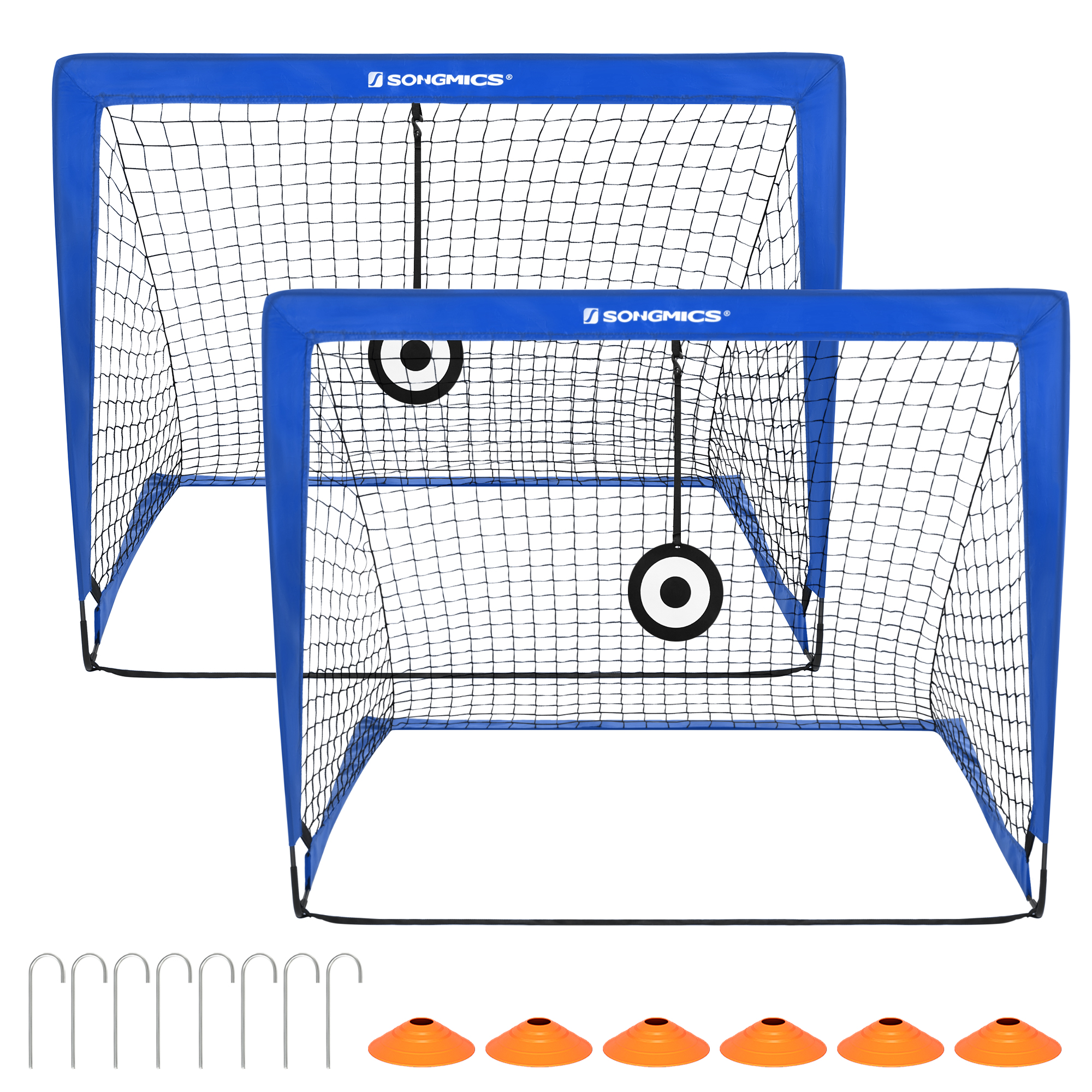 SONGMICS Portería de Fútbol para Niños, Juego de 2, Portería de Fútbol Infantil Portátil y Plegable, para Jardín, Parque, Playa, Marco de Fibra de Cristal Elástica,Negro/Naranja/Azul