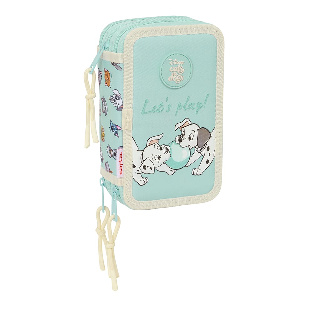 SAFTA | Plumier Triple Cats & Dogs 37 Piezas, Portatodo Escolar Organizador con 3 Compartimentos y Cremallera, Incluye Rotuladores, 16 Lápices de Colores, Regla y Sacapuntas