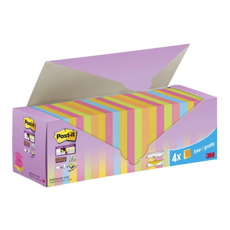 Post-it super sticky pack de 24 blocs de 90 notas adhesivas reposicionables - forma cuadrada - 76x76mm - en zig-zag - colores surtidos