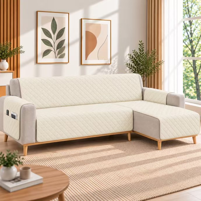 Kynley Protector de Sofá Chaise Longue Acolchado, Funda Cubre Sofá Antideslizante Lavable con Bolsillo, Protector para Mascotas, Chaise Izquierda/Derecha, 2M/2,4M/2,8M