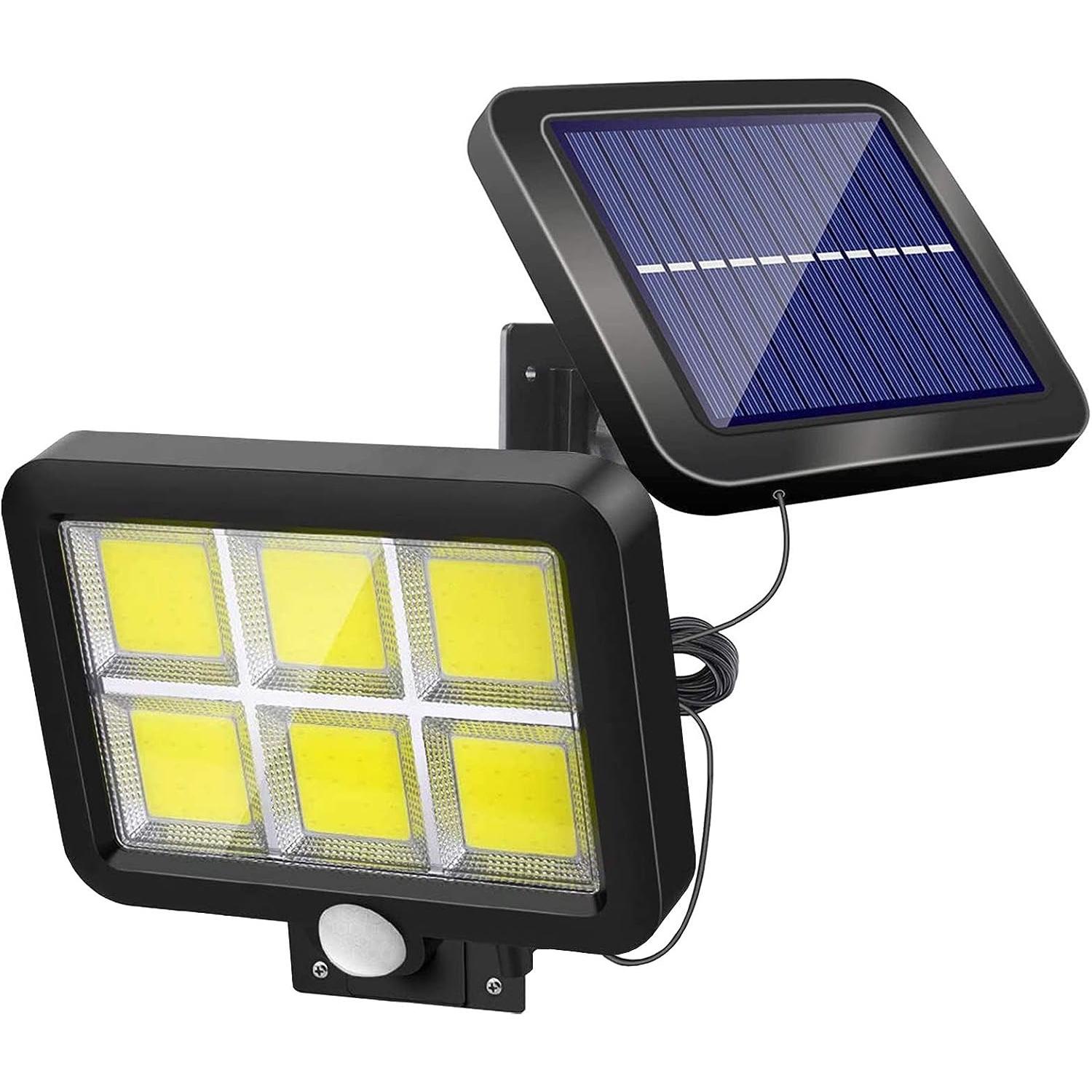 YANISTA| Luz Solar Exterior con Sensor de Movimiento 120 LED COB Impermeable  IP65 Lámpara Solares con 5M de Cable, 3 Modos, 120º lluminación, Focos Solares Luces de Seguridad para Jardín Garaje / Sótano / Jardín / Patio