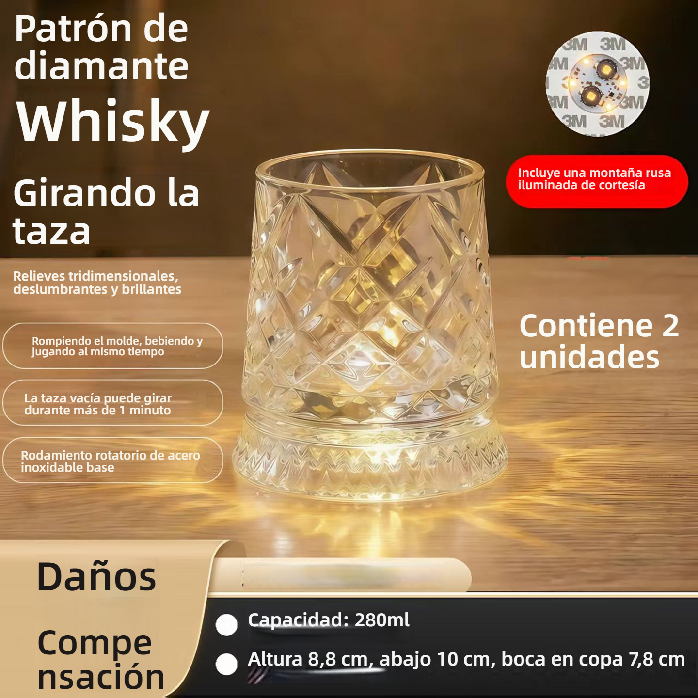 Set de vasos de vidrio giratorios con luz, tendencia en redes sociales, ideales para el hogar, diseño elegante y llamativo.