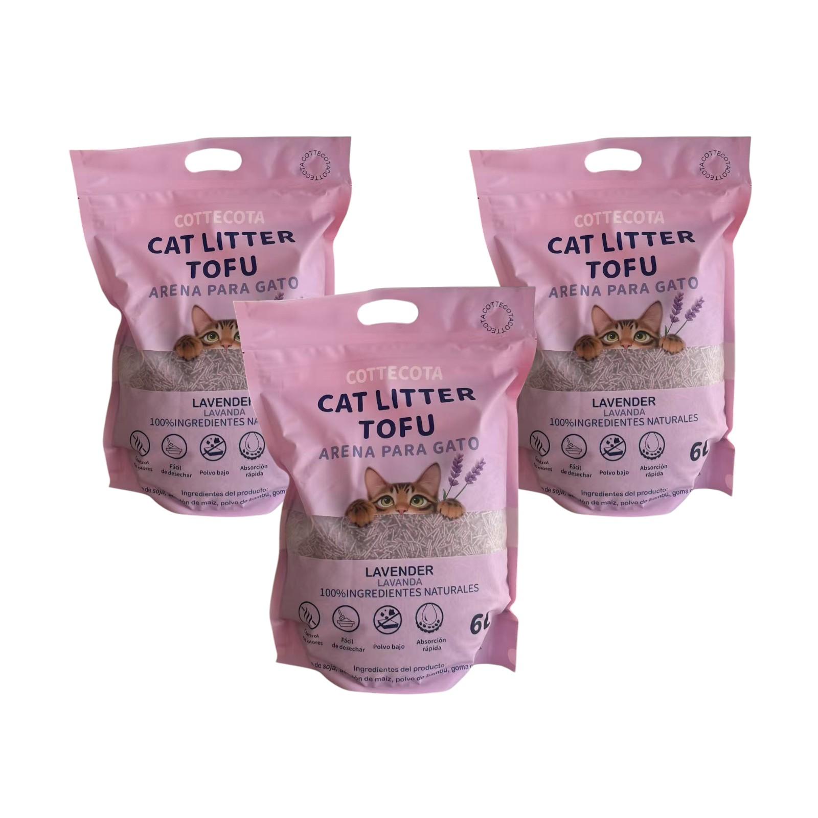 COTTECOTA - Pack 3 Bolsas Arena Tofu para Gatos 6 L Vainilla Lavanda Café Tofu ecológico Vegetal, Lecho natural para Gatos Libre de Polvo Arena Natural Aglomerante ,Arena para mascota vegetal absorvente , Arena de tofu para gatos antiolor y absorvente