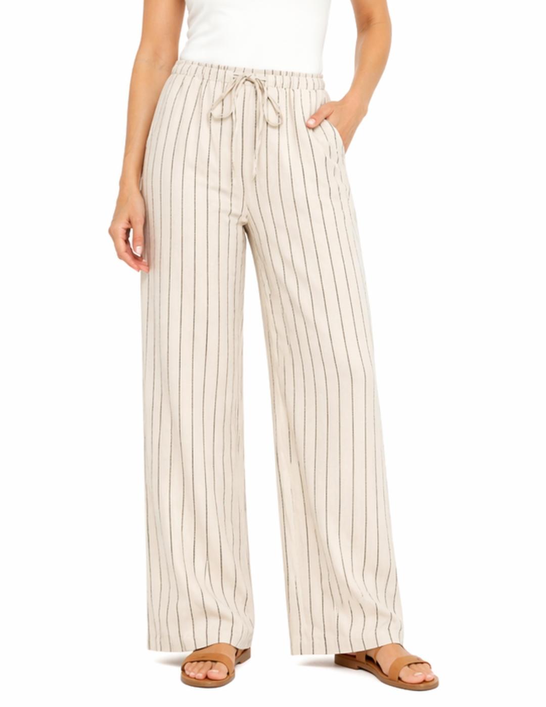 Pantalón Vila Prisilla color crema rayas con lino para mujer