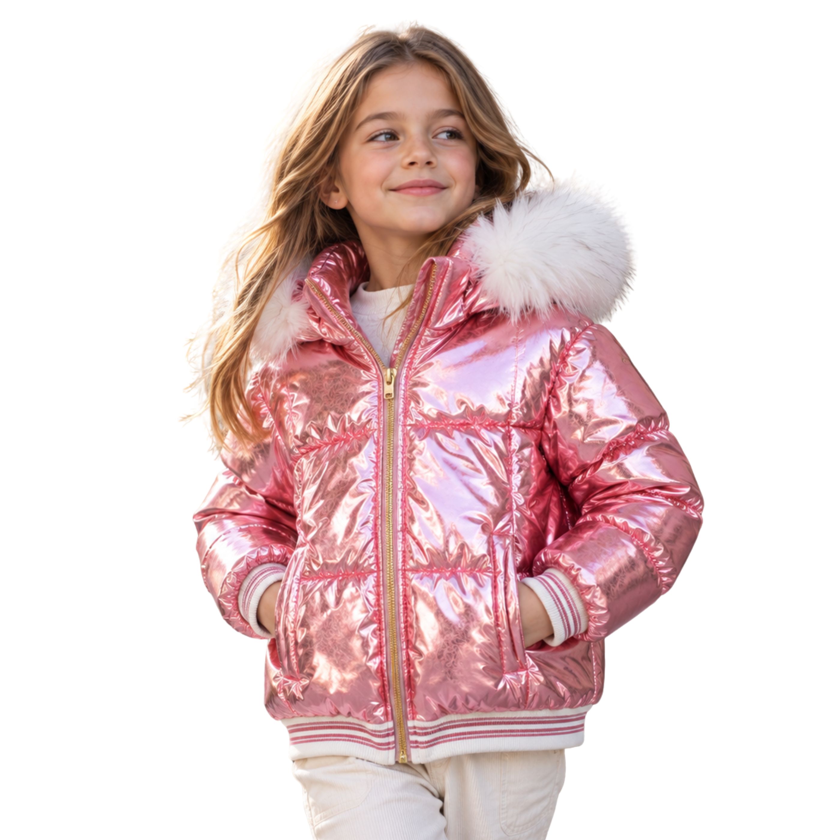 Abrigo Puffer Acolchado Rosa Efecto Metalizado tipo Plumas Abrigo con Capucha de Pelo para Niña