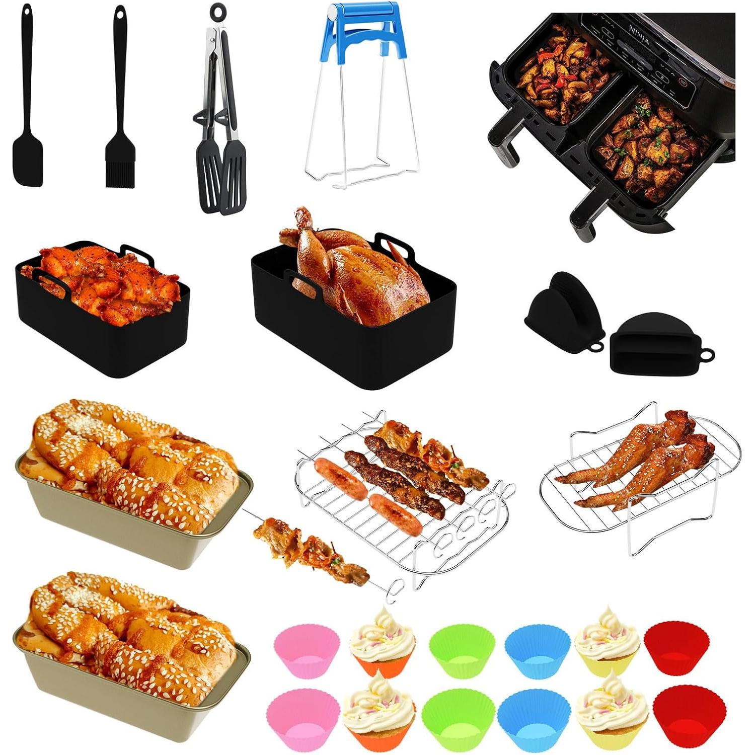 Kit de 24 Accesorios para Freidora de Aire Doble | Compatible con Ninja, Tefal, Philips y más | Moldes de Silicona, Rejilla de Acero Inoxidable, Pinzas, Moldes para Magdalenas, Guantes y Utensilios de Cocina | Resistente, Antiadherente y Apto Lavavajillas
