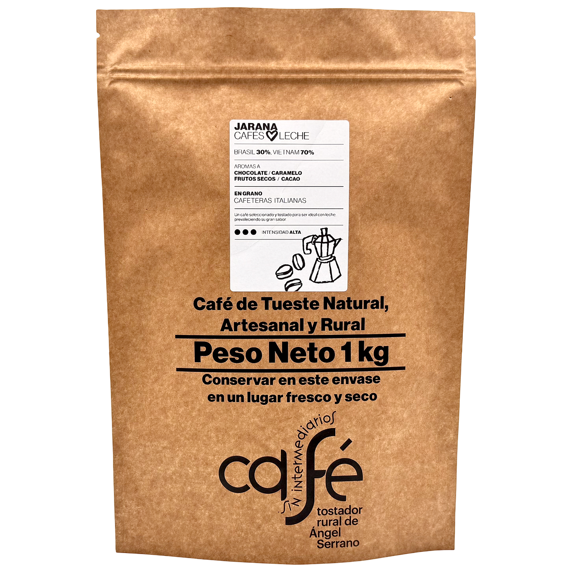 CAFÉ SIN INTERMEDIARIOS - Café de Vietnam y Brasil - Jarana - Ideal para combinar con leche - Intensidad de sabor Alta - Recién tostado y envasado - 1 Kg Grano o Molido (Exprés, Filtro, Italiana, Americana, Superautomática)