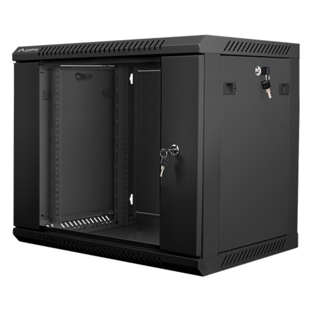 Lanberg - Bastidor de Pared WF01-6409-10B 9U para Infraestructura Técnica y CPD, Capacidad 60 kg, Acero Negro IP20 con Cristal Templado, Ideal para NAS, Switches y Equipamiento 19\