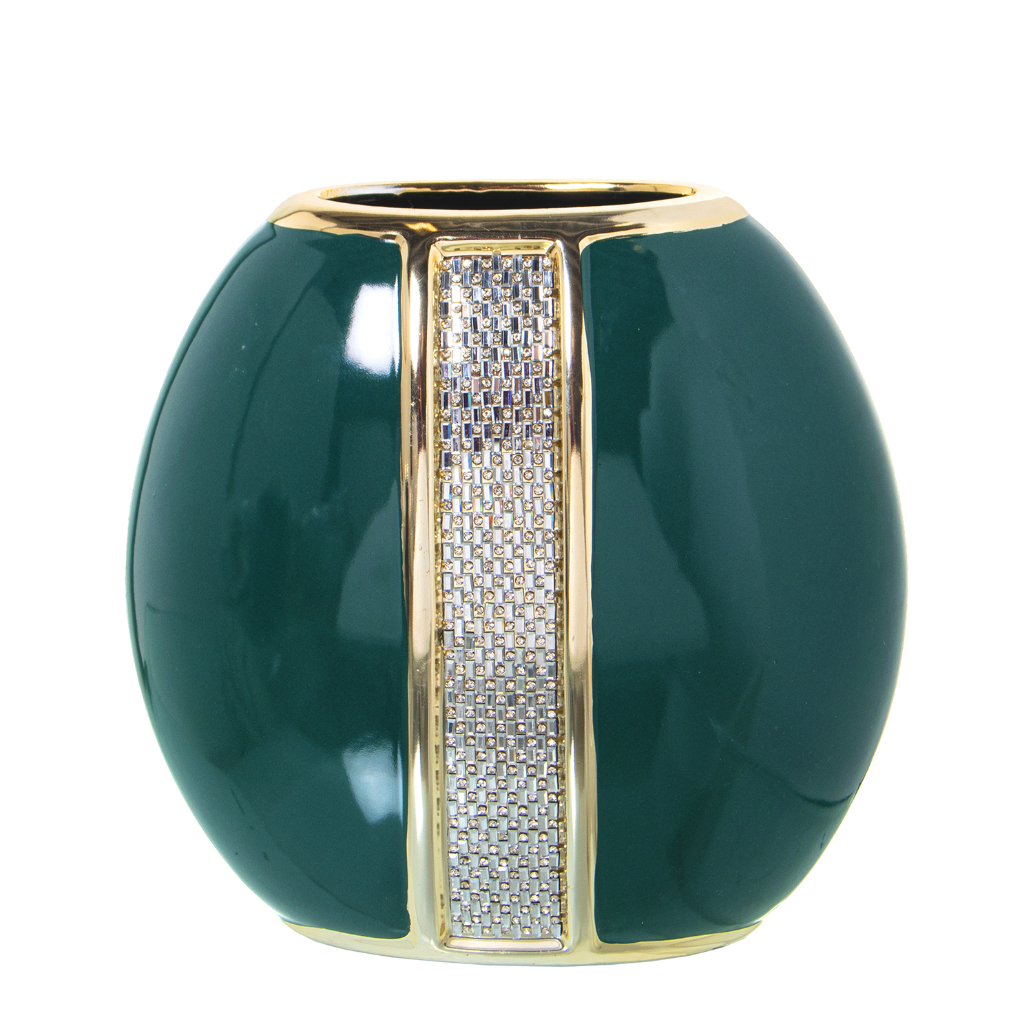 Jarron ceramica verde, oro con brillos plata 21x11x20cm