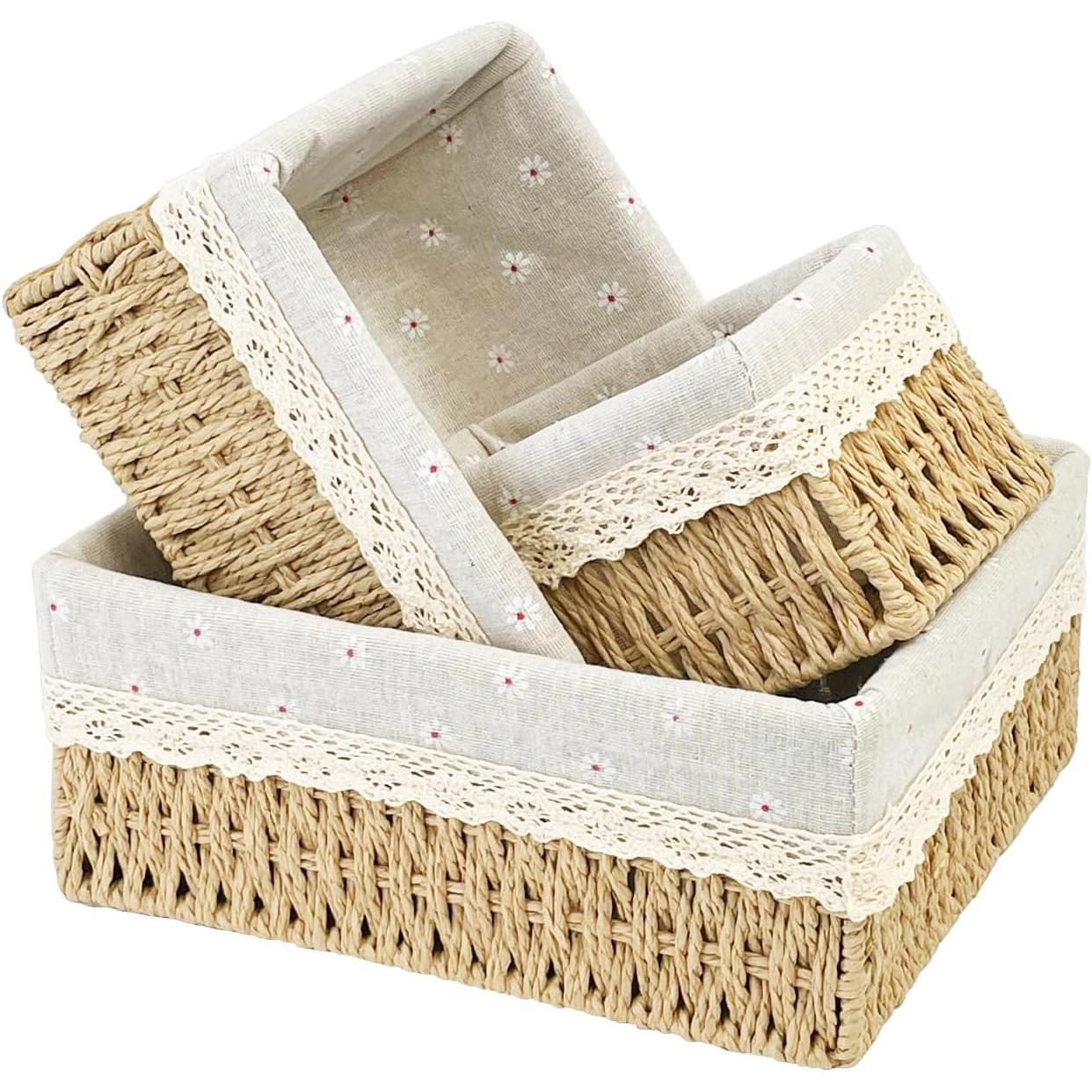 Cestas de almacenamiento de mimbre, juego de 3, tejidas a mano, con forro extraíble; adecuadas para encimeras de cocina, dormitorios, baños y estantes de almacenamiento