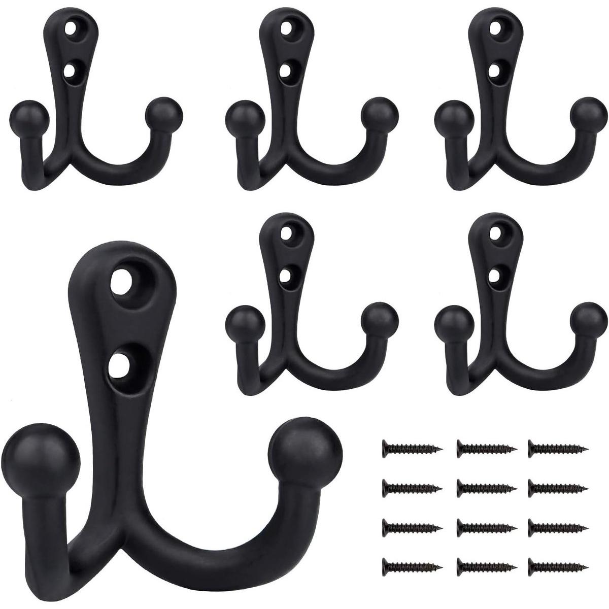 6 piezas - 54*49 mm - Gancho - Gancho para ropa - Ganchos dobles retro para abrigos - Gancho de pared - Gancho de metal - Ganchos universales - con 12 tornillos - para abrigo, bufanda, bolso, toalla, llave, gorra, taza, sombrero - negro